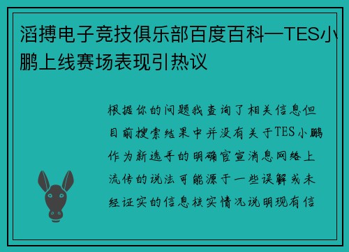 滔搏电子竞技俱乐部百度百科—TES小鹏上线赛场表现引热议